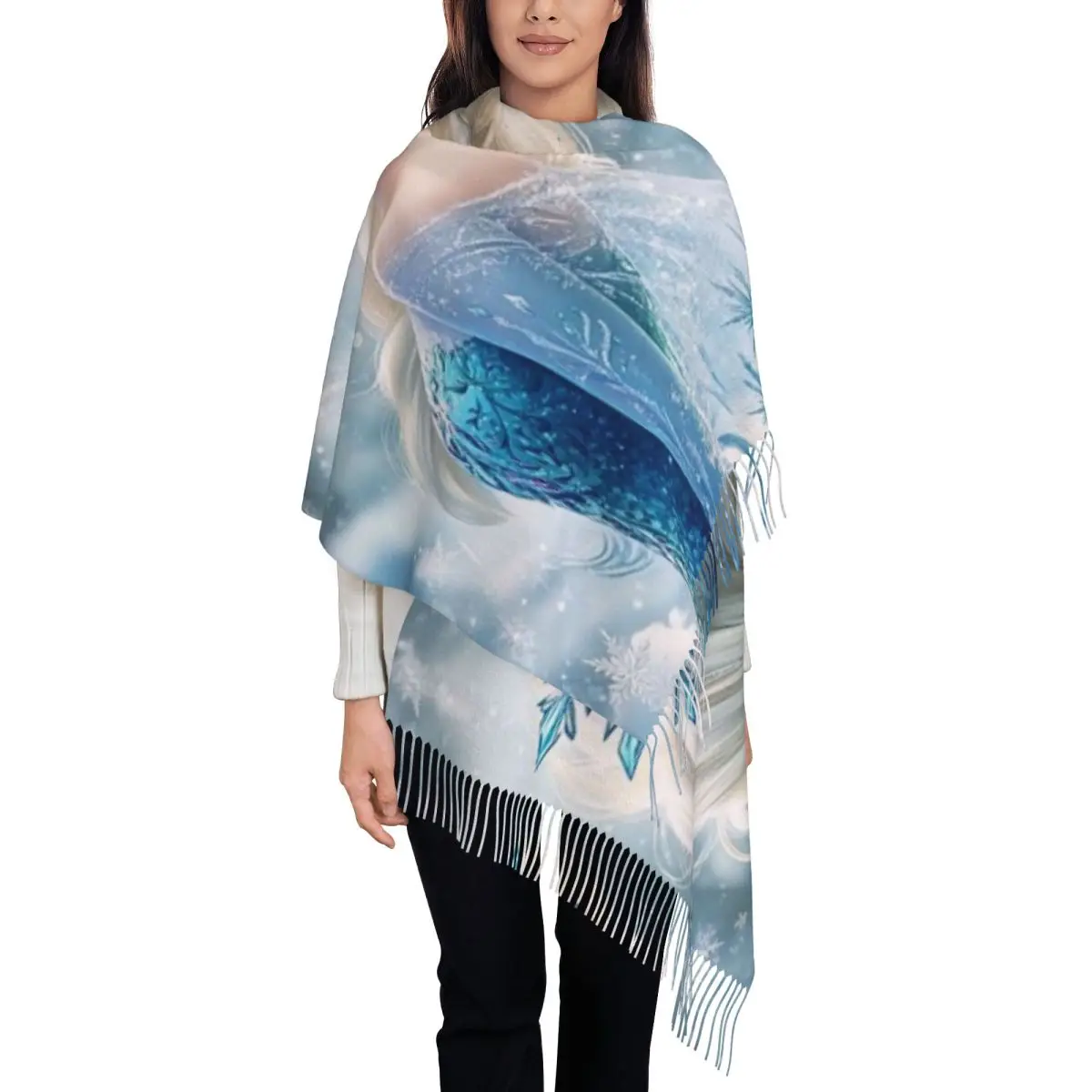 

Custom Luxury Frozen Cartoon Elsa Tassel Scarf Women Winter Fall Warm Shawl Wrap Female Scarves