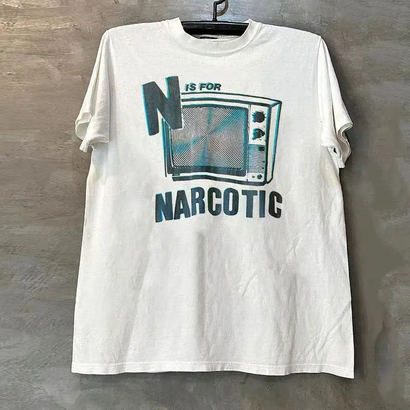 

Narcotic American Niche Design Sense Men's Summer Casual Sports Short-sleeved T-shirt Vintage College Style Street Crew Neck Top