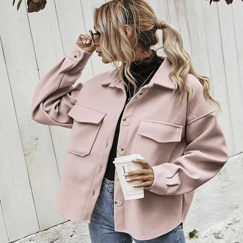 

Autumn Leisure Women's Coat New Fashion Solid Color Single Breasted Woolen Coat Casual Coat Lapel Loose Women's Clothing