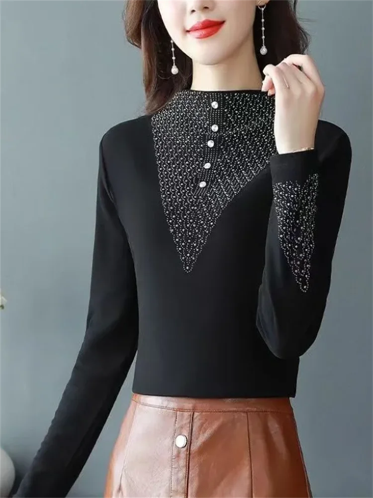 Half High Neck T-shirt Women Hot Drill Tshirts Long Sleeve Bottom Top Warm Woman Clothes Tshirt Middle-aged Grace Female Tees