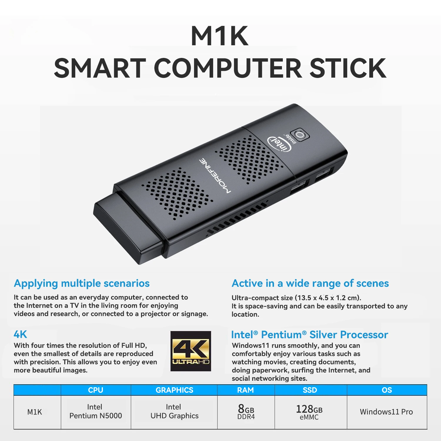 MOREFINE M1K Mini PC Intel mini Lake J4125 N5000 8G DDR4 128G 256GB Finestra 10 Computer da gioco, HDMI Windows11/Ubuntu Minipc Gamer
