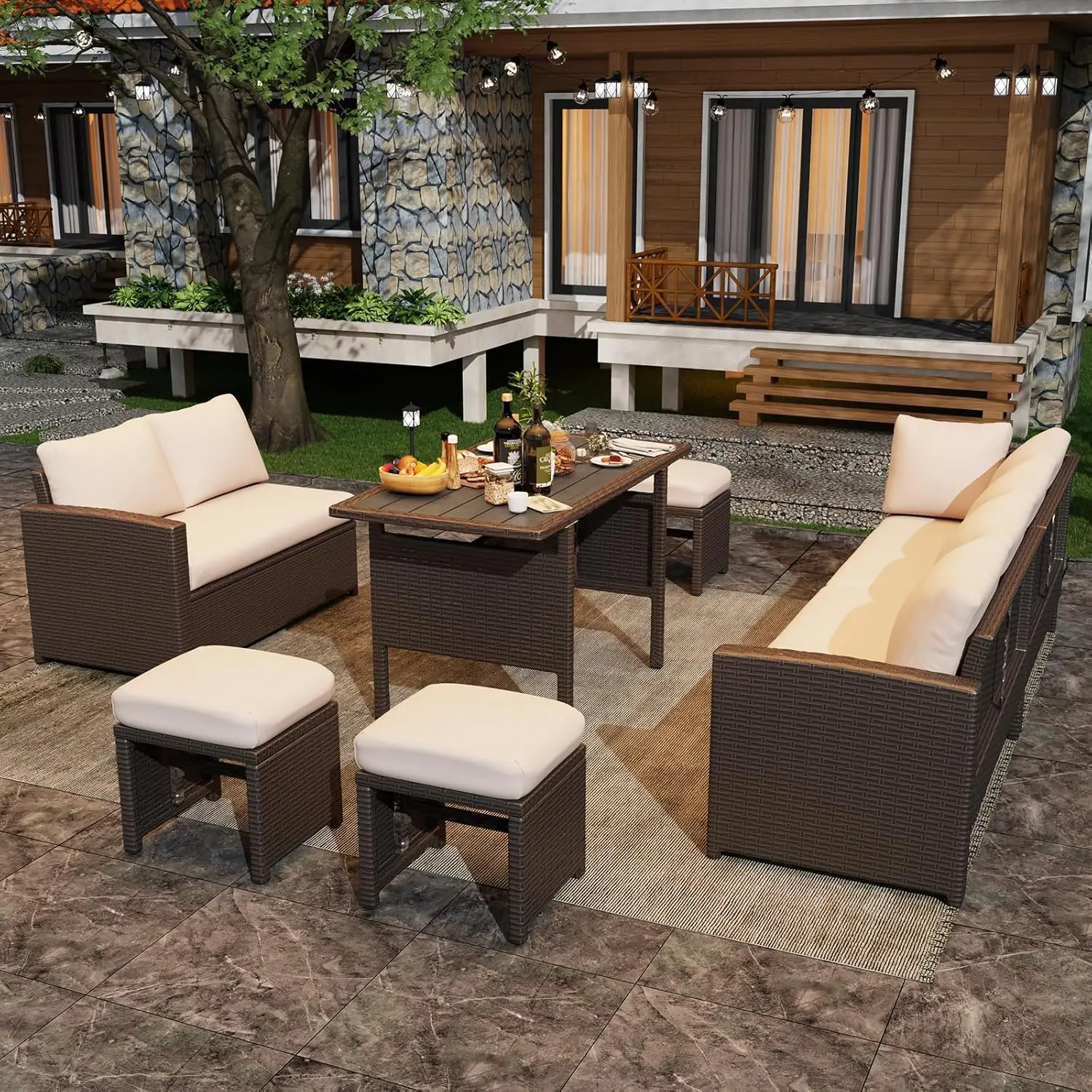 

7pc Patio Sectional Sofa Conversation Set All Weather Wicker Rattan Dining Table Chair Ottoman Brown Cushion, Custom