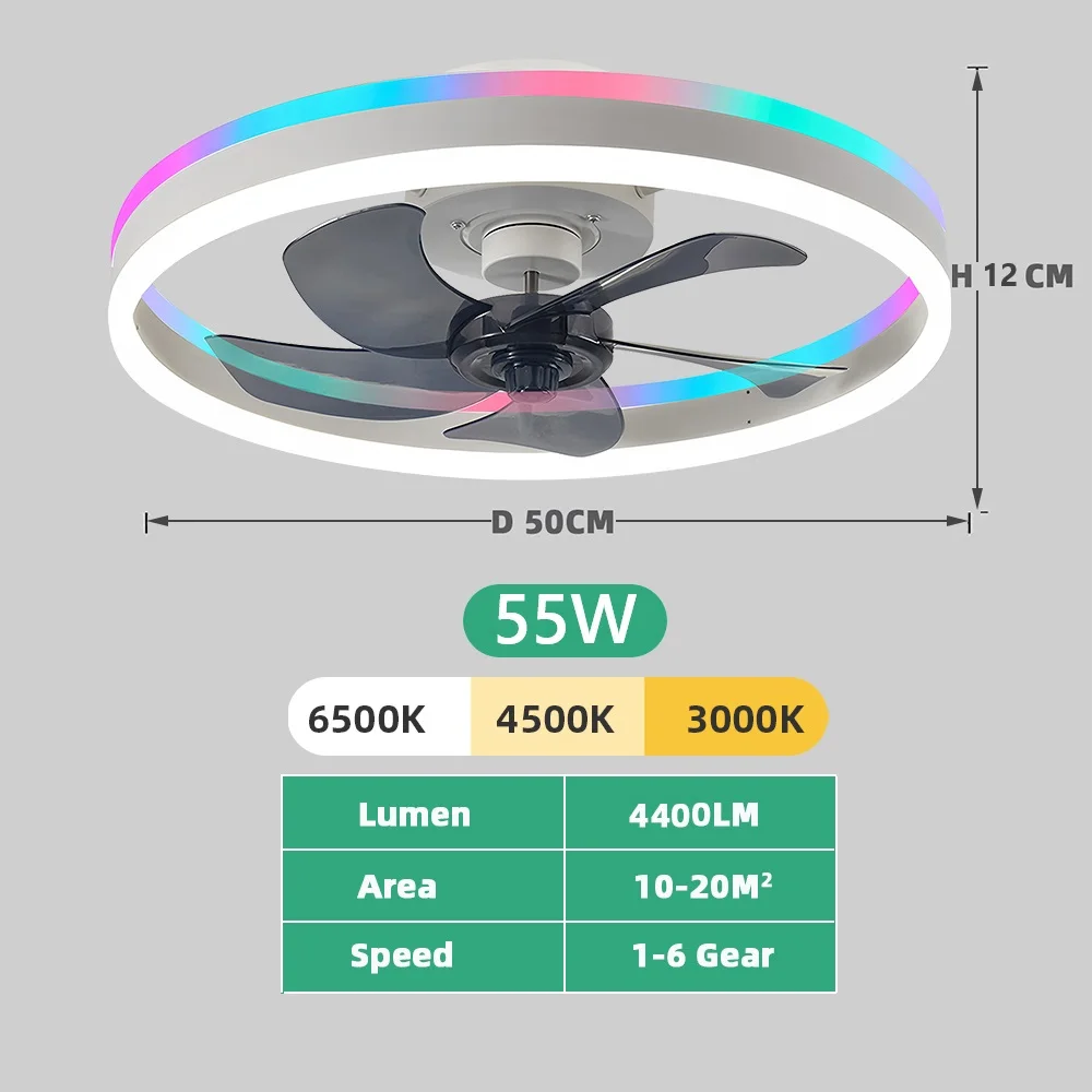 RGB-plafondventilator met licht APP-afstandsbediening Dimbare hanglamp Slaapkamer Kantoor Woonkamer Decoratie Huishoudelijke elektrische ventilator