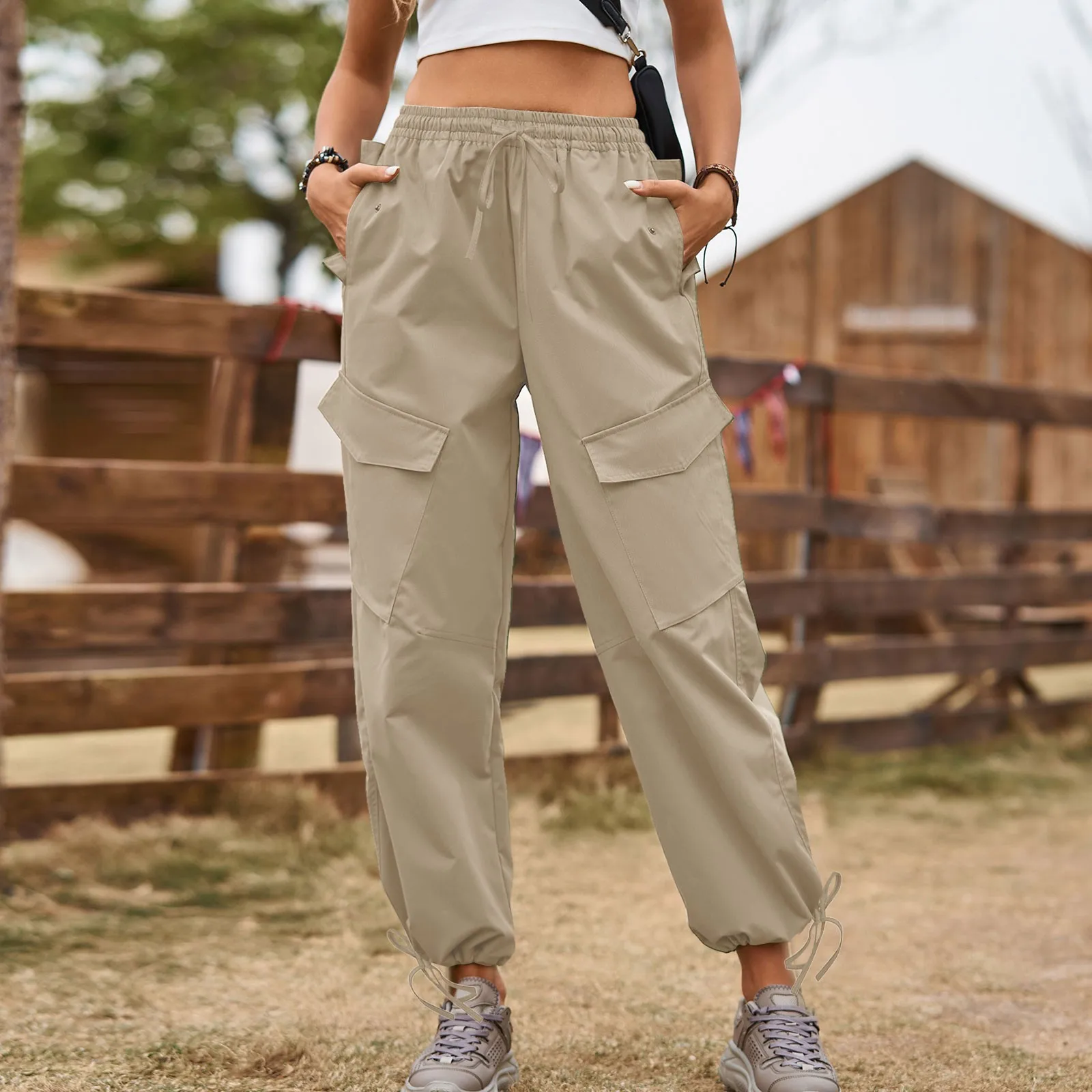 Women Fashion Parachute Cargo Pants Vintage Jogging Trousers High Elastic Waist Female Chic Lady Pants