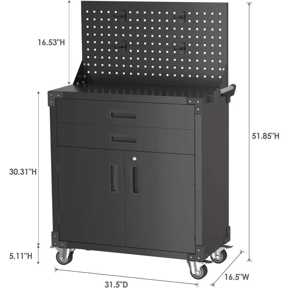 Carrinho de ferramentas móvel de bancada de 31,5 "H, bancada de garagem com 4 rodas, armário de armazenamento de metal com 2 gavetas e 2 portas