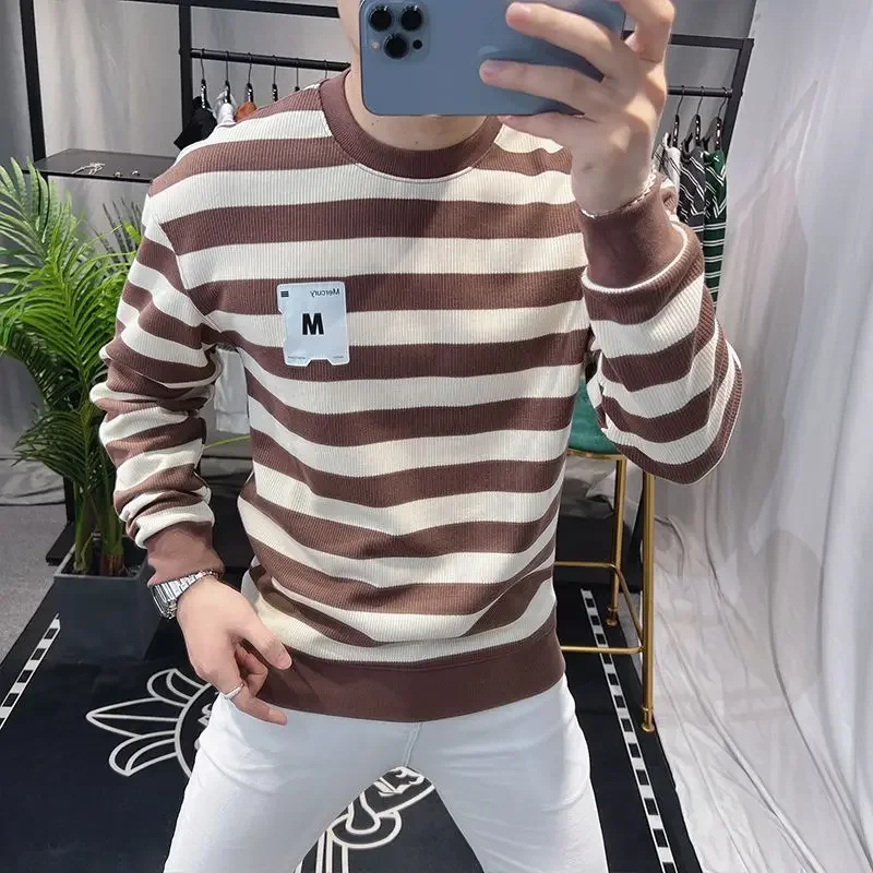 Male Clothes Green Tops Round Neck Stripe T Shirts For Men Sweatshirts Polyester Harajuku Fashion Luxury Japan Xl Full Sleeve F