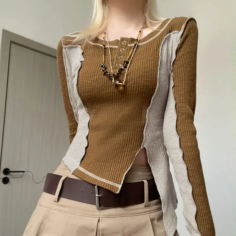 

Women Chic Patchwork Asymmetrical Cotton Long Sleeve T-Shirt Spring Vintage Slim O-neck Thin Tops