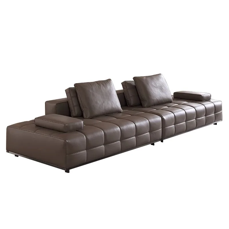 

Italian minimalist all-leather large flat-floor apartment living room floor-to-ceiling black straight-row leather sofa