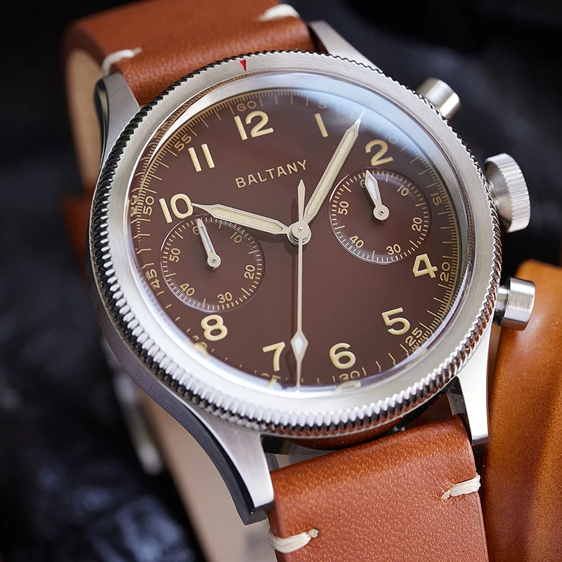 Baltany Men Chronograph Watch Pilot 39.8mm Panda Quartz Wristwatch Sapphire Mirror Waterproof C3 Luminous Military 6S21 Mov