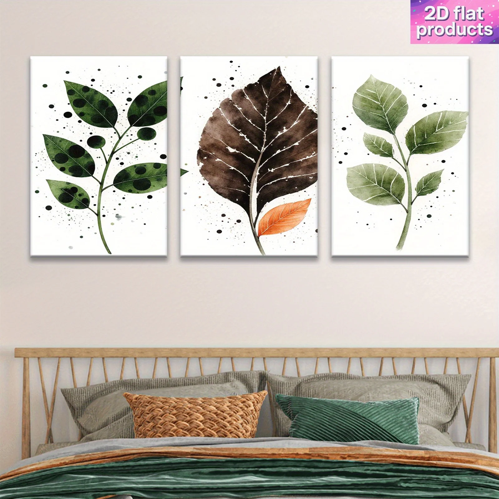 (No frame)2D Flat, 3pcs set Wrapping wooden frame, Watercolor Green and Brown Leaves Botanical Wall Art PrintWall poster art