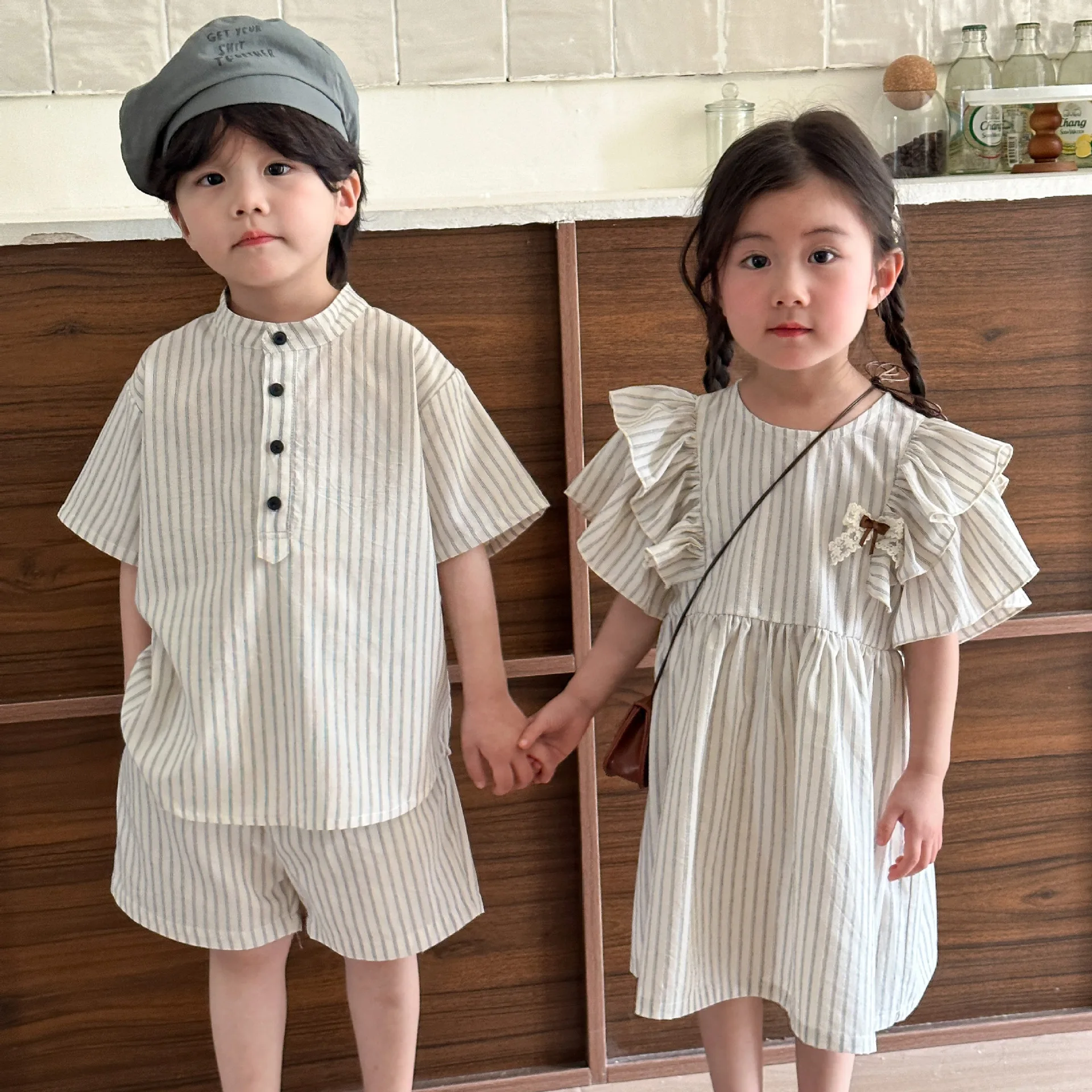 

2024 Summer Brother Sister Striped Outfits Boy Children Cotton Short Sleeve T-shirt+Shorts 2pcs Suit Girl Baby Fly Sleeves Dress