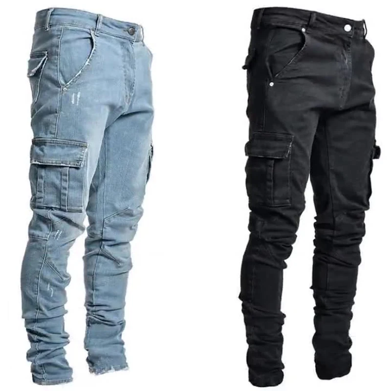 

Jeans Men Pants Wash Solid Color Multi Pockets Denim Mid Waist Cargo Jeans Plus Size Fahsion Casual Trousers Male Daily Wear