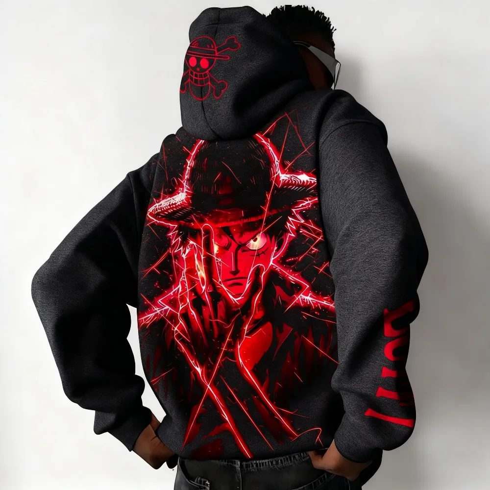 One Piece Rufy Autunno/Inverno Nuova Felpa con Cappuccio 2025 da Uomo Street Anime Stampato Allentato Casual Americano Hip Hop Genitore Bambino Maglione Top