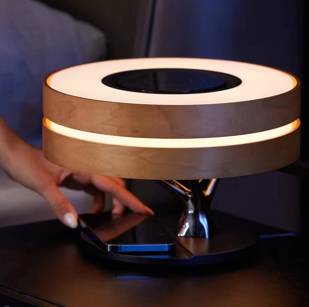 

2025 New Round Wooden Tree Bed Side Table Lamp for Homes Wireless Charging BT Music Lamp with Sleep Mode Dimming Touch Switch