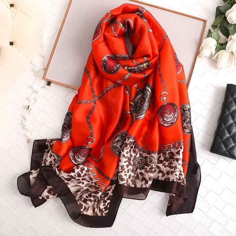 2023 Luxury Sunscreen Neckerchief Popular Satin Silk New Beach Towel Lady Leopard Print Scarves Fashion 180X90CM Shawls muffler