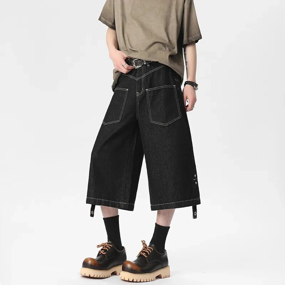 

American High Street Fashion Retro Seven-Point Denim Shorts Men's 2025 Summer New Solid Color Loose Wide-Leg Mid-Length Pants