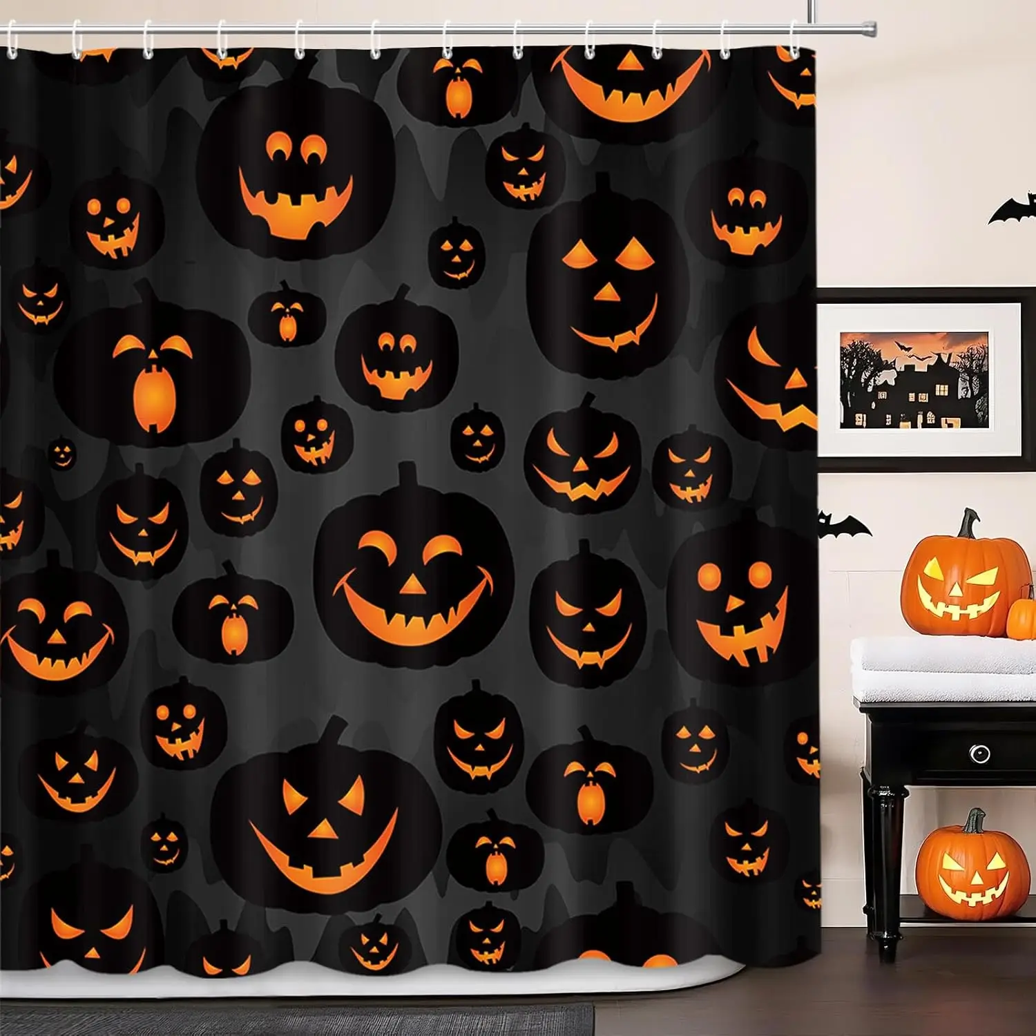 Halloween Pumpkin Shower Curtain Evil Pumpkin Shower Curtain Black Fall Shower Curtains for Bathroom Decor Washable Durable