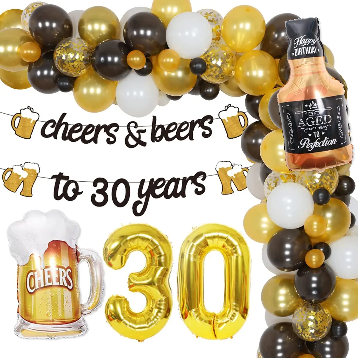 

Beer Themed 30th Birthday Decorations Cheers Beers To 30 Banner Black Gold Balloon Garland Kit for Men 30 Years Old Party Decor