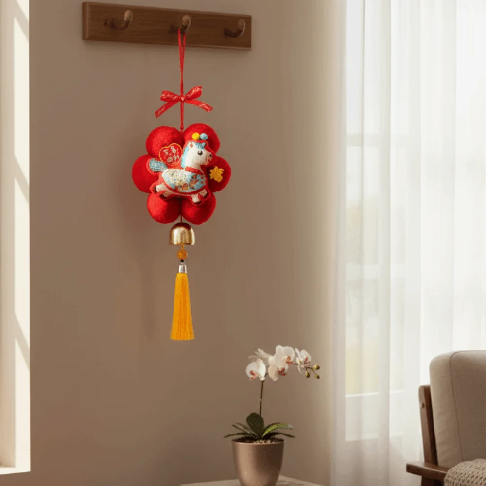 Chinese Zodiac New Year Decoration Handmade Soft Red Flower Pendant Blessing Horse Design Plush Decoration New Year Celebration