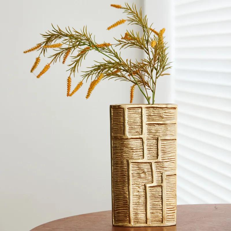 Modern simple gold step pattern flat aluminum vase ornament creative light luxury home decoration metal flower ware
