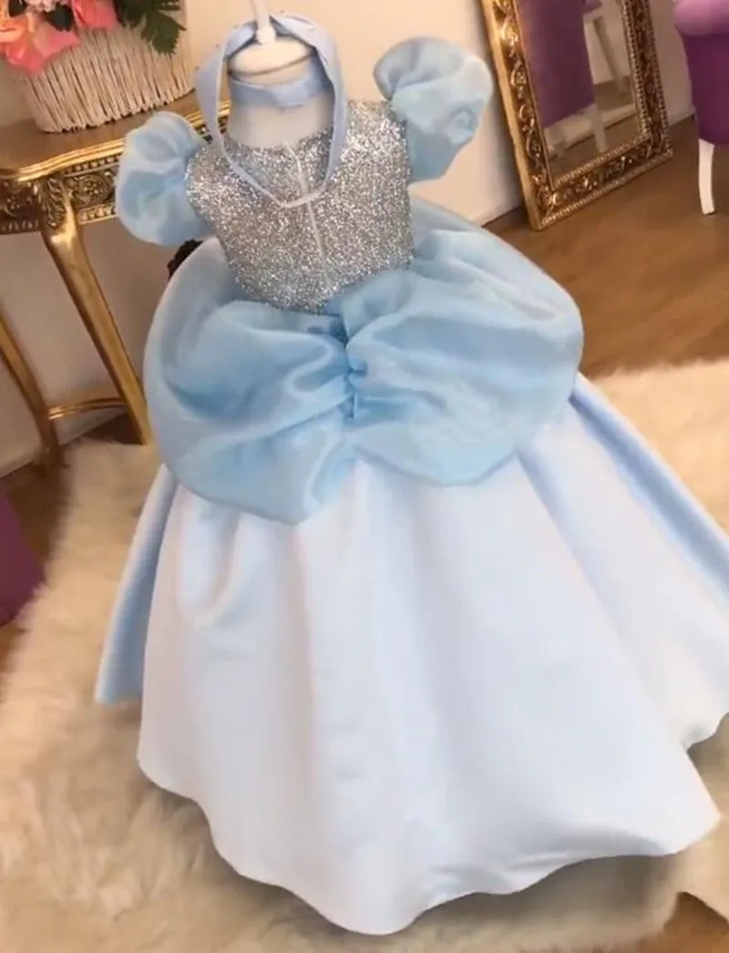 Sukienka dla dziewczynki z kwiatami na ślub Niebieska satynowa bufiasta sukienka z krótkim rękawem O-neck Princess Dress Kids Party Birthday First Communion Ball Gown