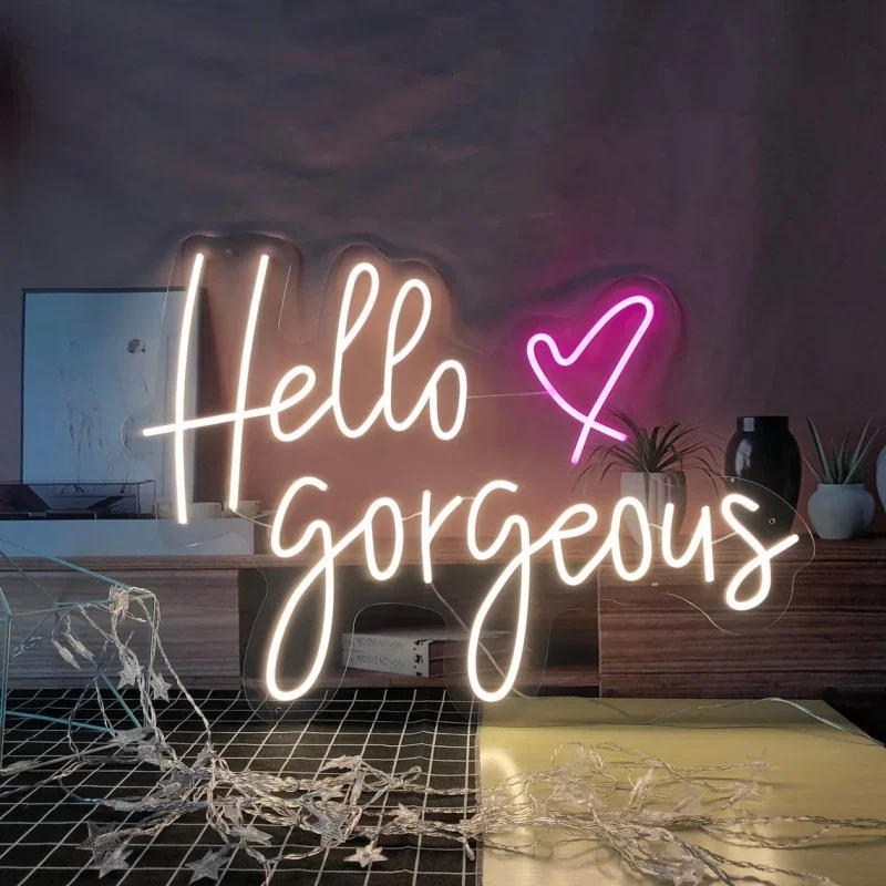 Hello Gorgeous Neon Sign LED Decorative Neon Light for Girls Bedroom Dorm Decor,Home Party Wall Decor,Personalized Birthday Gift