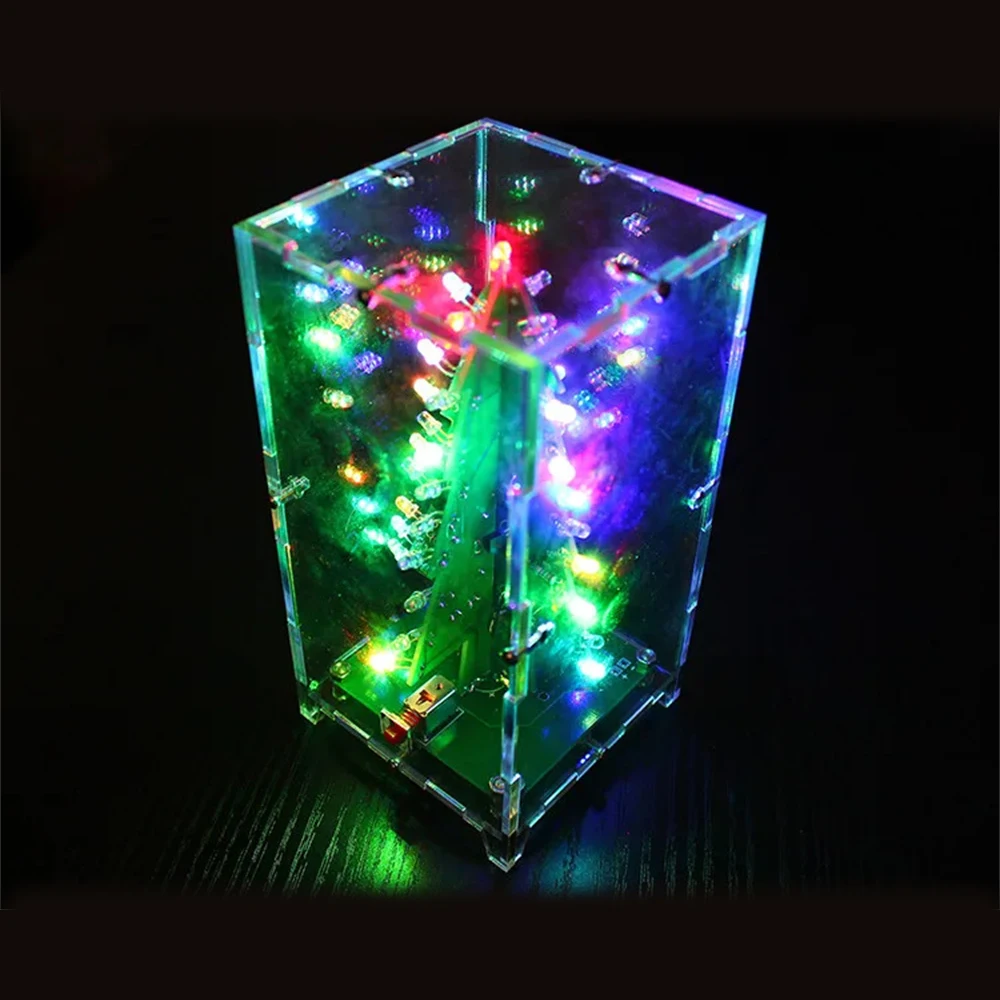 3D Christmas Tree Colorful LED Flash Kit With Transparent Cover Acrylic case box +USB Cable DIY Electronic Kit making kit