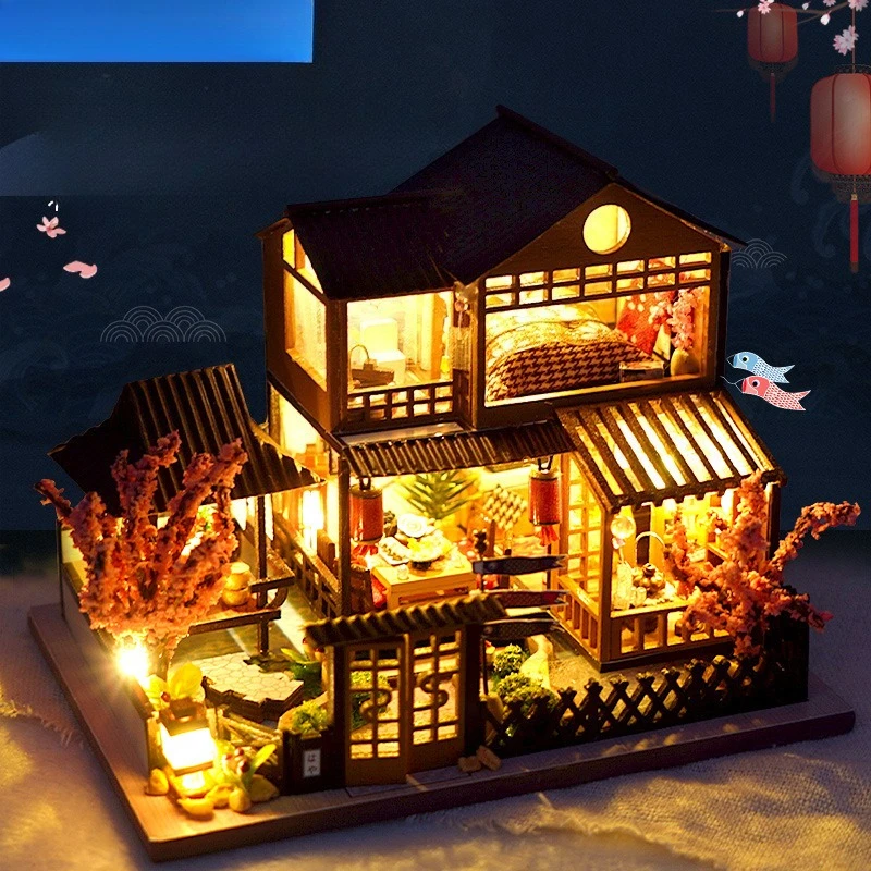 

Cross-border DIY hut handmade house model personalized creative toys wood luminous birthday gift wholesale