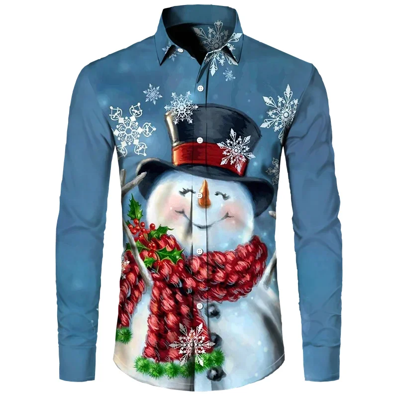 Ice and Snow Man Christmas Shirt Long Sleeve High end Men\'s Shirt Fashionable Daily Street 3D Printing Cool Hot Selling Santa Cl