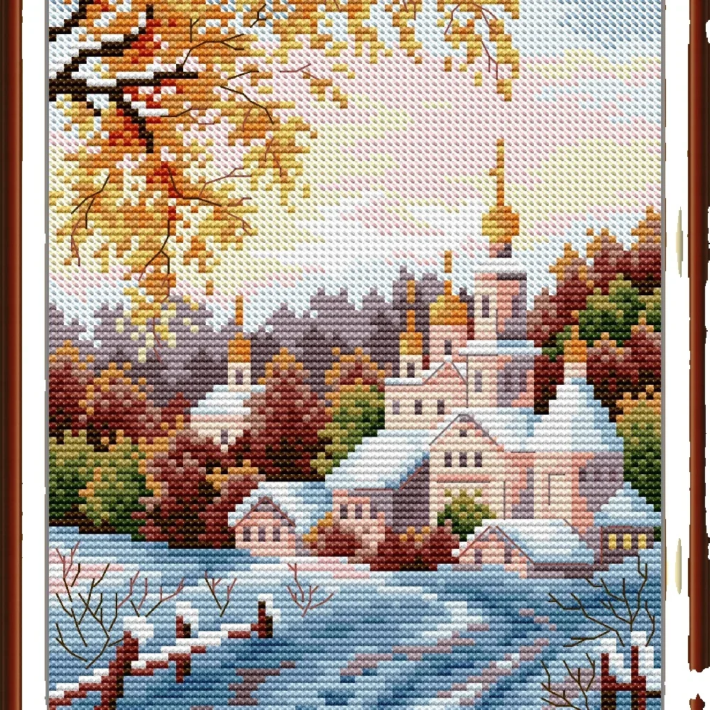 Joy Sunday-Pre-printed Cross Stitch Kit, DIY Easy Pattern, Aida 14, 11CT Stamped Fabric Embroidery Set, Snow Hill Monastery