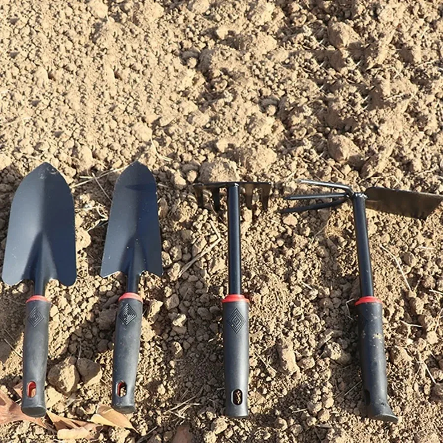Черная резиновая ручка, грабли с пятью зубьями, садовый набор из четырех предметов, лопата для цветов, мотыга двойного назначения, садовый инструмент