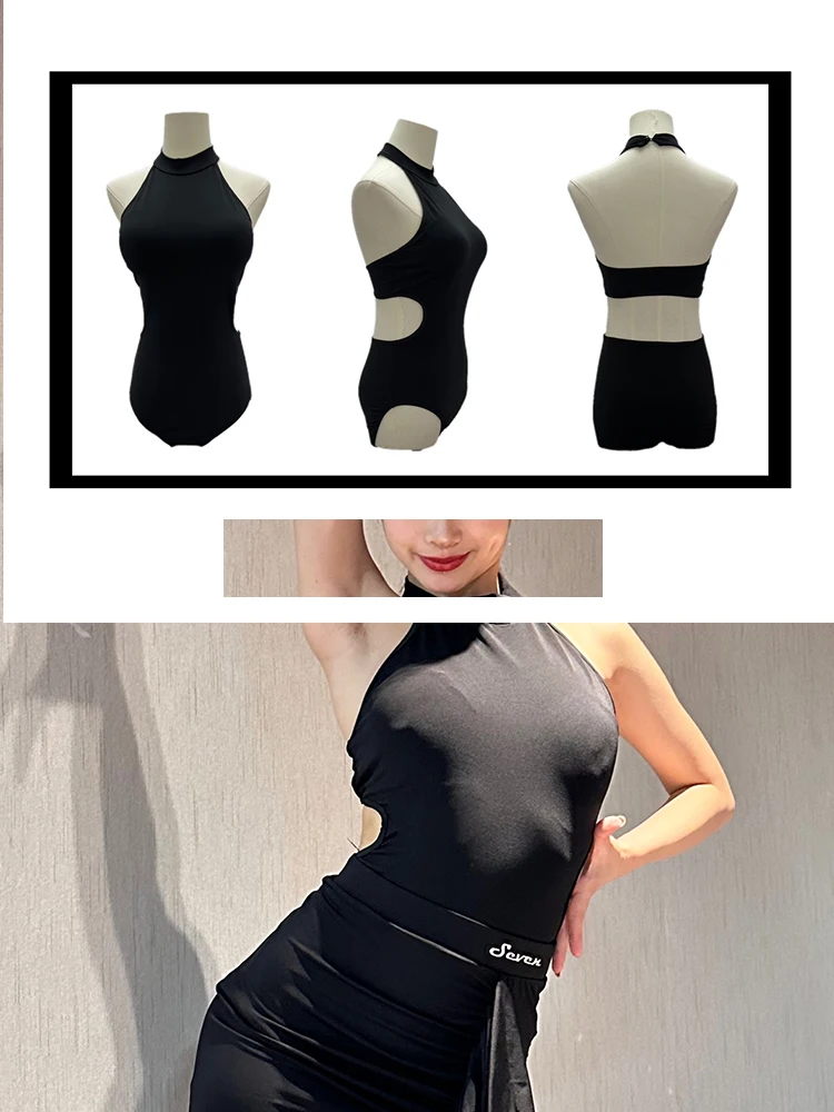 2024 New Women's Latin Dance Wear Adult Black Jumpsuit Tops Tango Waltz Social Performance Costume Samba Dance suit Tops XH469