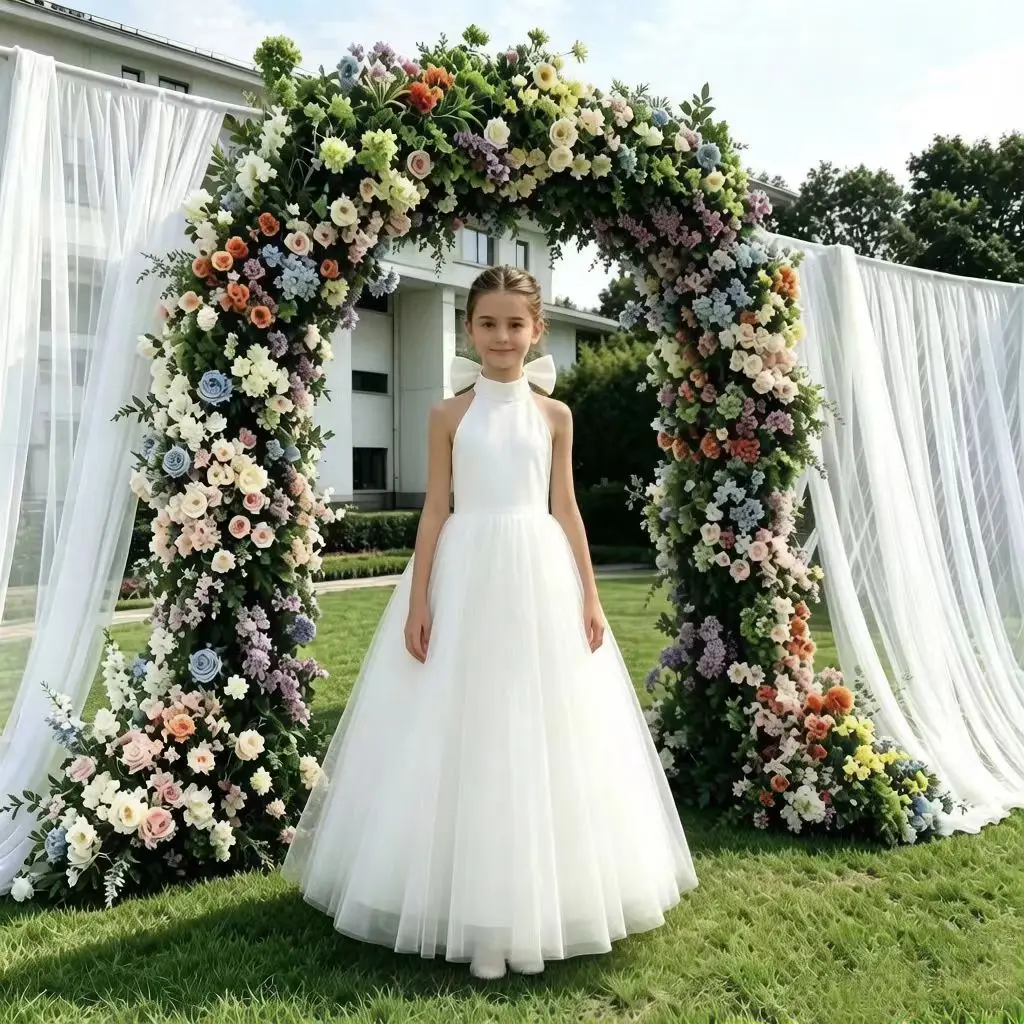 3-12 Years Long White Flower Girl Dress Bow Wedding Pageant Party Baby Girl Princess Ball Gown Dress Elegant Low-Back Dress