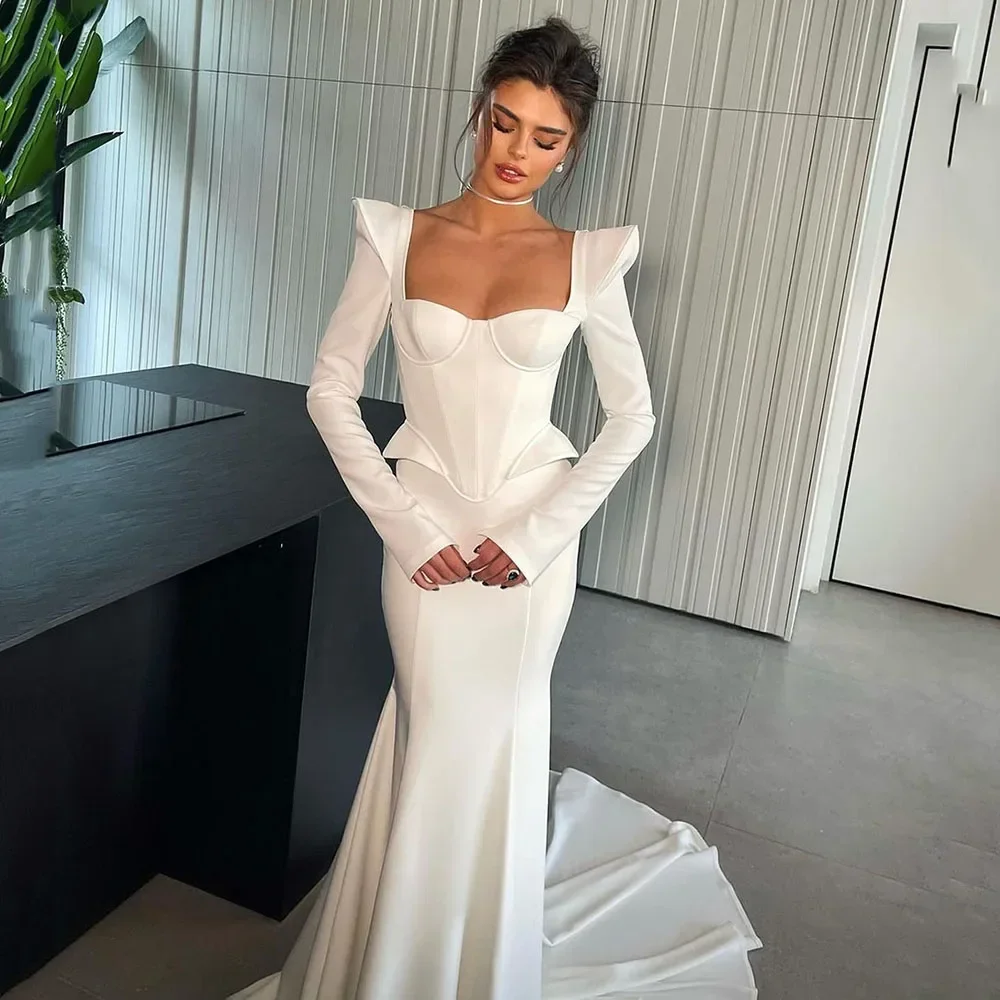 Customized Prom Dresses Long Sleeves Corset Bridal Gowns Arabic Square Neck Brides Dress Custom Made Robe Exquisite High Quality