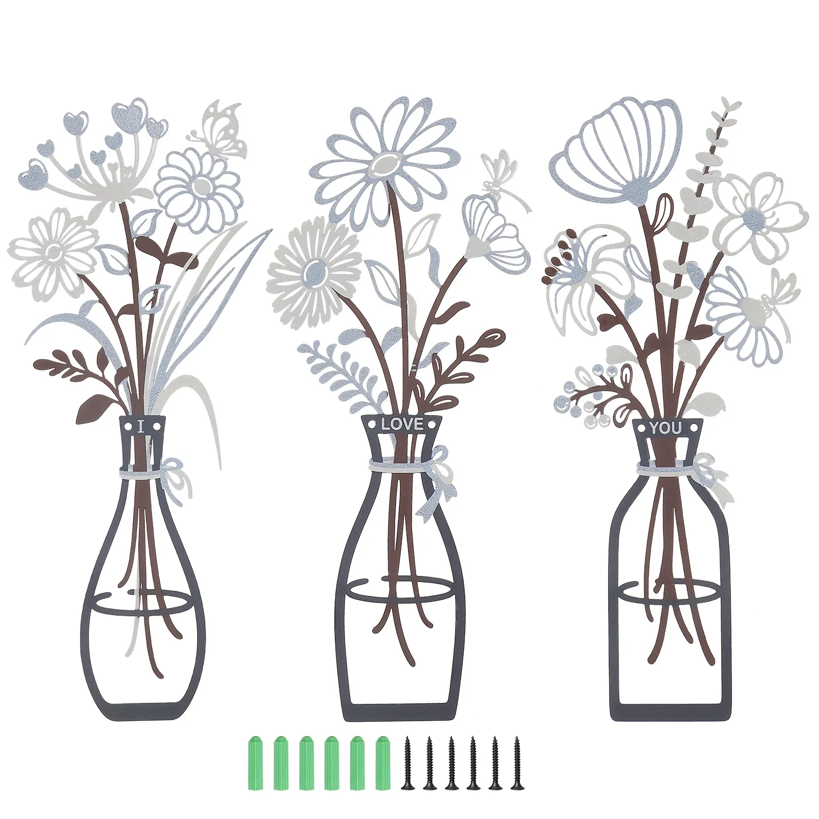 3 Stück Metall-Blumen-Wandanhänger, wasserdichte Metall-Blumen-Wandkunst mit Schrauben für Wohnzimmer, Schlafzimmer, Badezimmer und Heimdekoration