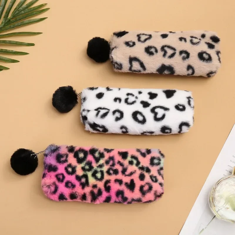 Multi-functional Portable Cosmetic Storage Bag Women Makeup Pouch Winter Casual Fashion Leopard Print Plush Ball Pencil Bag