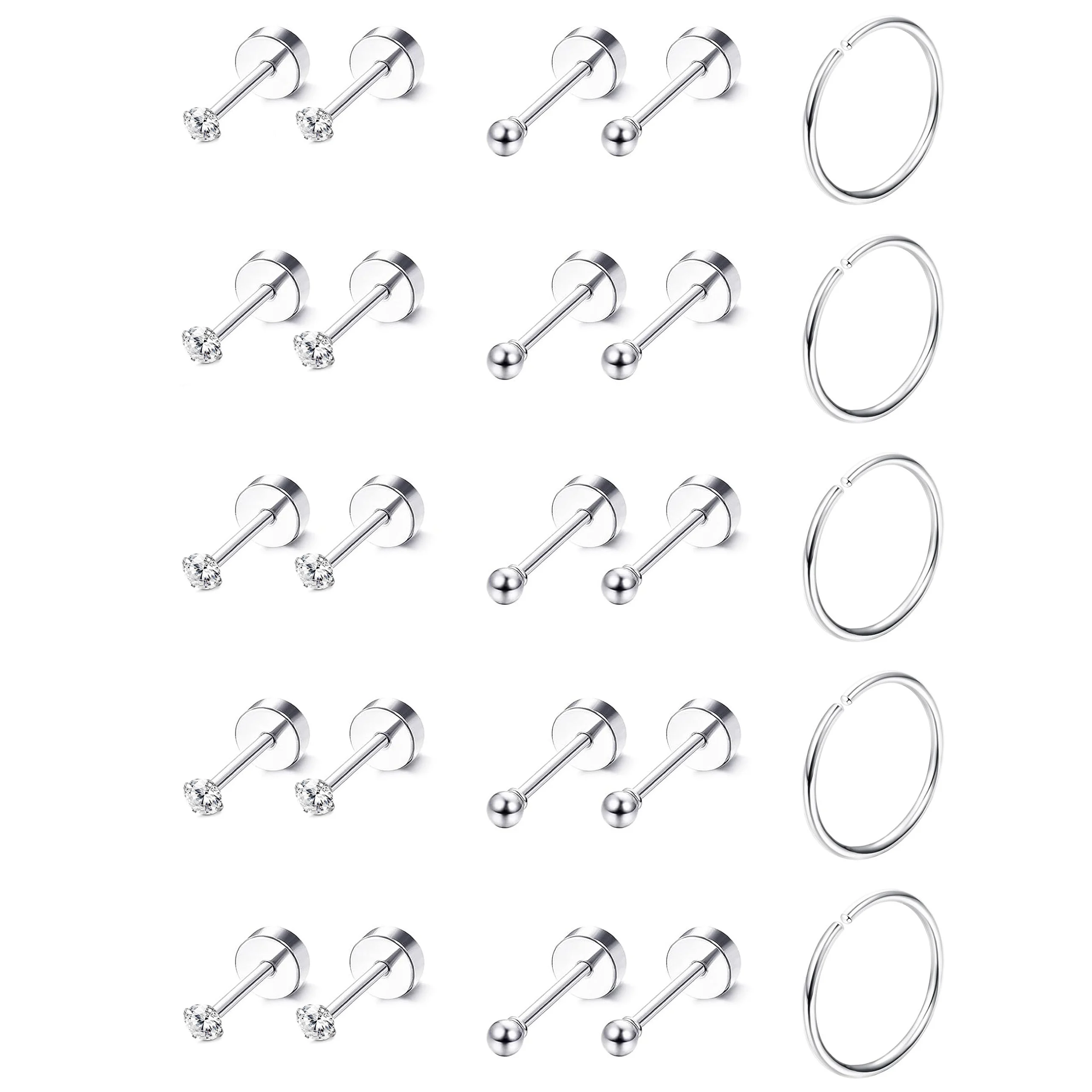 

25pcs/30pcs Tiny Surgical Stainless Steel 2mm Small CZ Dot Ball Flat Screw Back Stud Earrings Ear Piercing Hoop Jewelry Set