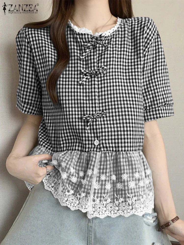 

2025 Summer Checked Blouse ZANZEA Women Short Sleeve Patchwork Tops Elegant Work OL Shirts Casual O Neck Loose Holiday Blusas