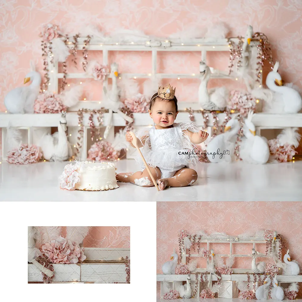 

Swan Princess Photography Backdrops Kids Cake Smash Photocall Decor Child Baby Girls 1st Birthday Photo Studio Backgrounds