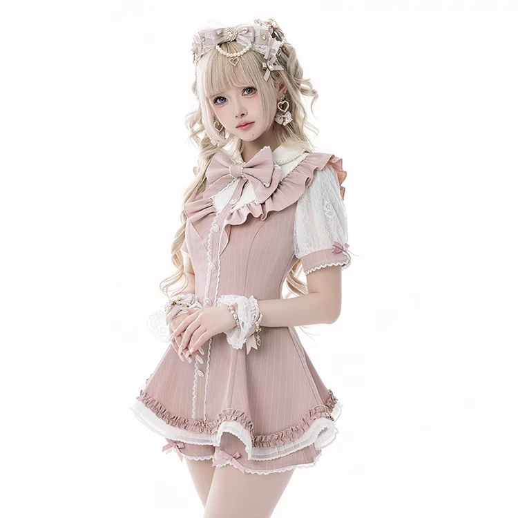 2025 Japanese New Mine Subculture Gothic Dress Set Women's Sweet Cute Bow Slim-Fit Elegant Short Sleeve Top Shorts Set Outfit