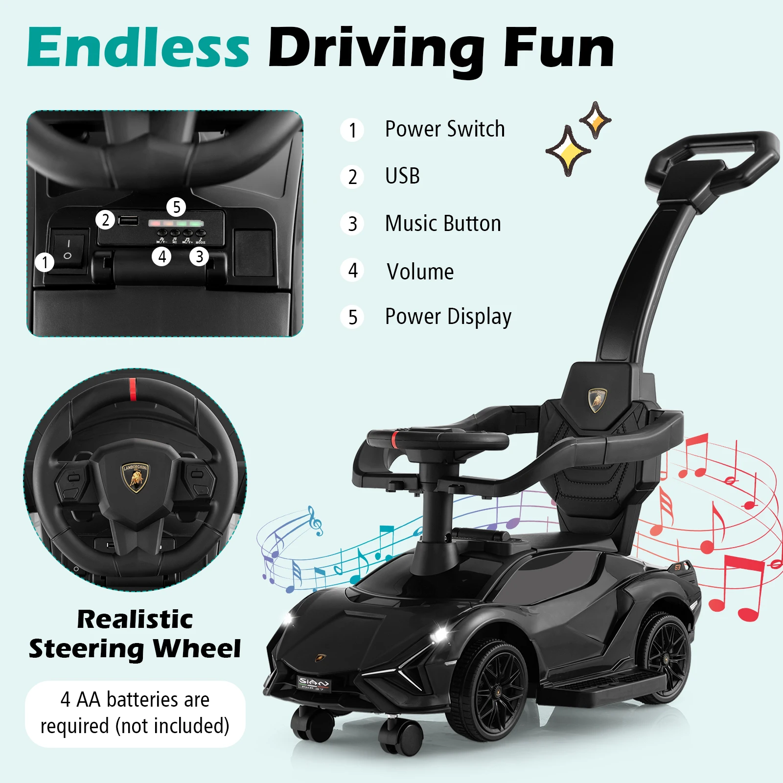 3-in-1 Licensed Lamborghini Ride on Push Car Walking Toy Stroller with USB Port