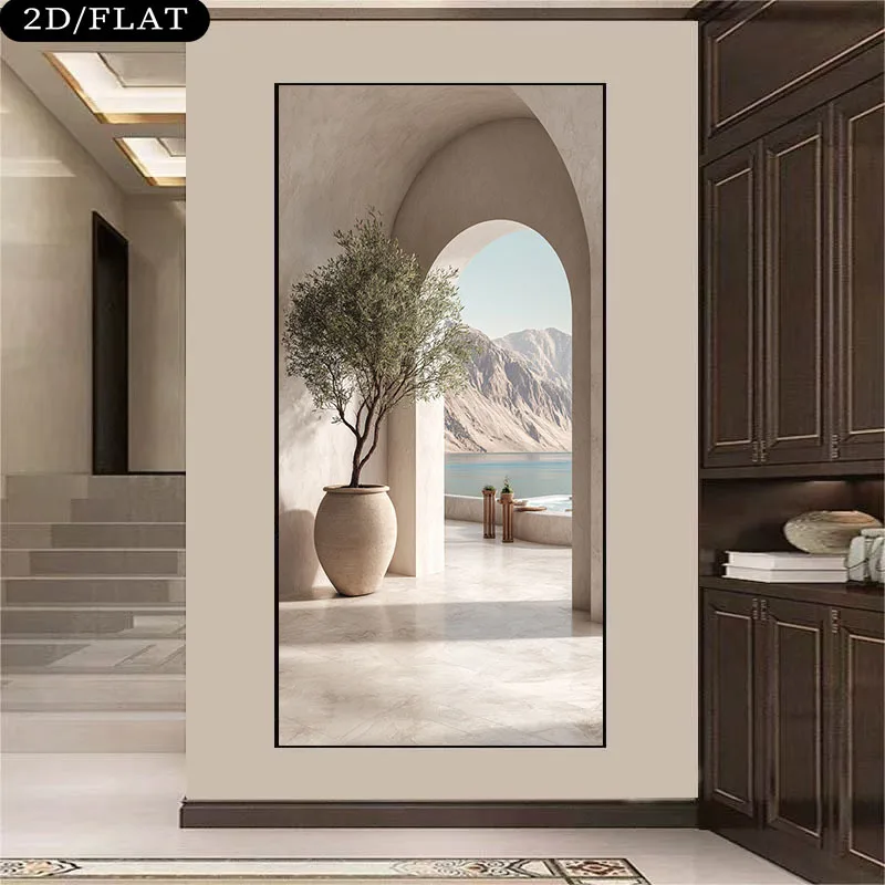 

Large Frameless Canvas Art for Modern Home Decor for Living Rooms and Bedrooms, Landscape with An Archway and An Olive Tree