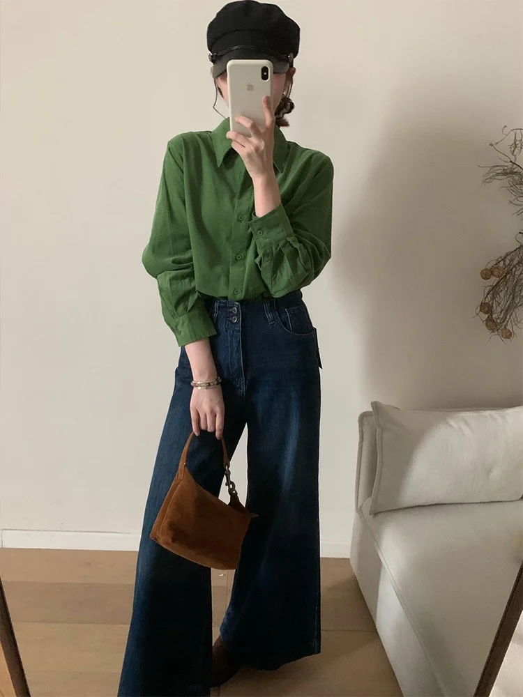 

Синие джинсы с высокой талией и широкими штанинами, эластичные винтажные женские повседневные брюки с четырьмя сторонами, зимняя коллекция 2025