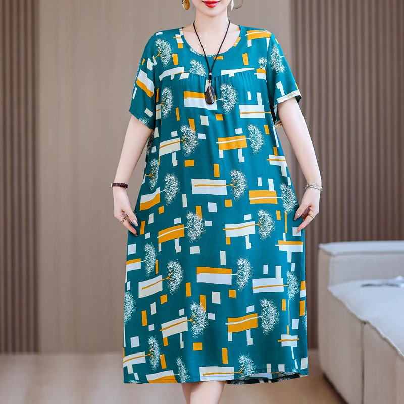 Overs ize Damen Sommerkleid 2024 neue elegante Kurzarm Vintage Print lange Kleider weibliche koreanische Kleidung hohe Qualität