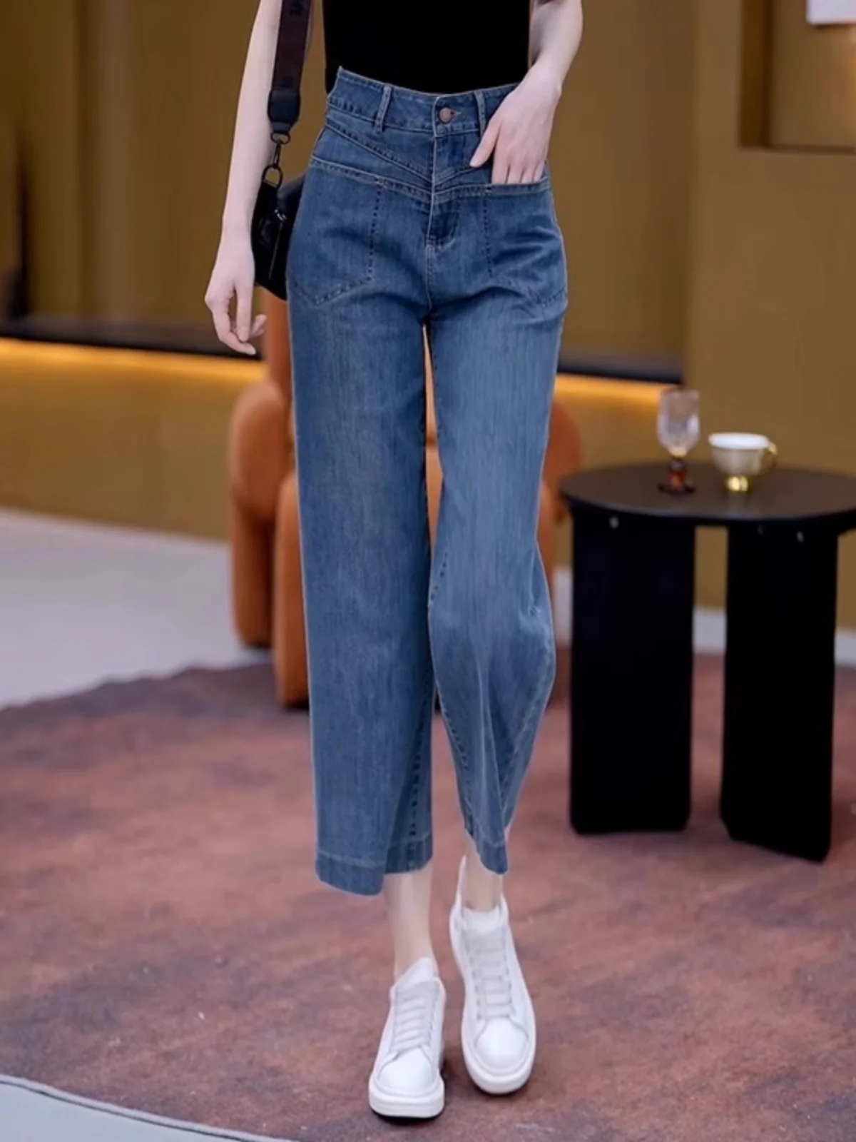 High Waist Wide Leg Jeans Women's Summer Thin New Sle Loose Straight Cut Pants Deep Blue Color Eighteen Length Denim Fabric