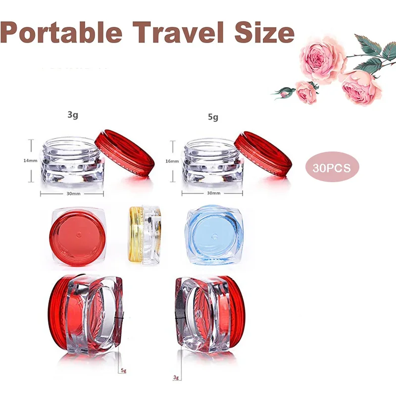 30pcs Empty Mini Plastic Cosmetic Jars Square Base 3g 5g Face Cream Sample Bottles Eyeshadow Cosmetics Travel Refillable Bottles