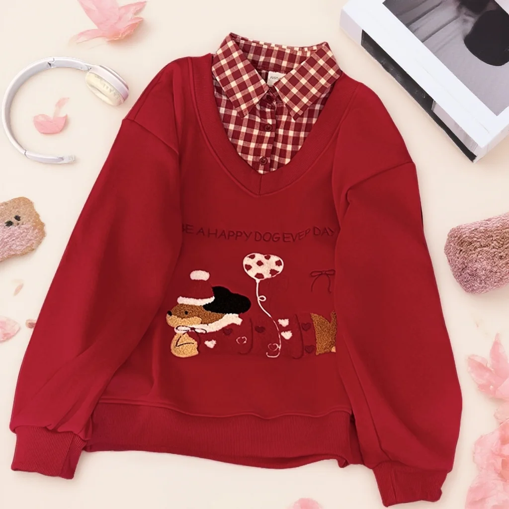 

Красная толстовка Cisas: новая зимняя модель большого размера, модный свободный топ из флиса, женская повседневная удобная одежда