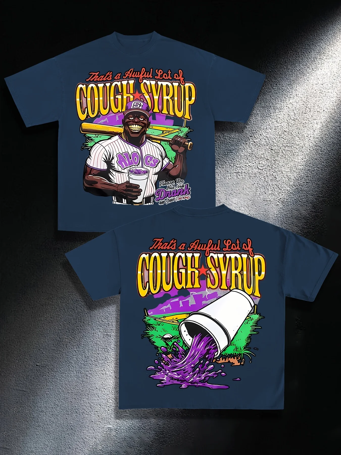 That's too much cough syrup baseball player leaking syrup pattern men's loose T-shirt double-sided printed summer top
