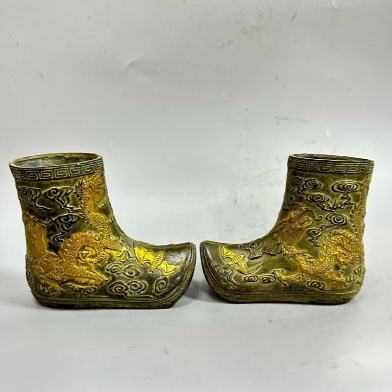 Antique Old Green Rust Brass Prosperity Brought by the Dragon and the Phoenix Boots a Pair of Copper Boots Brass Craft Home Deco