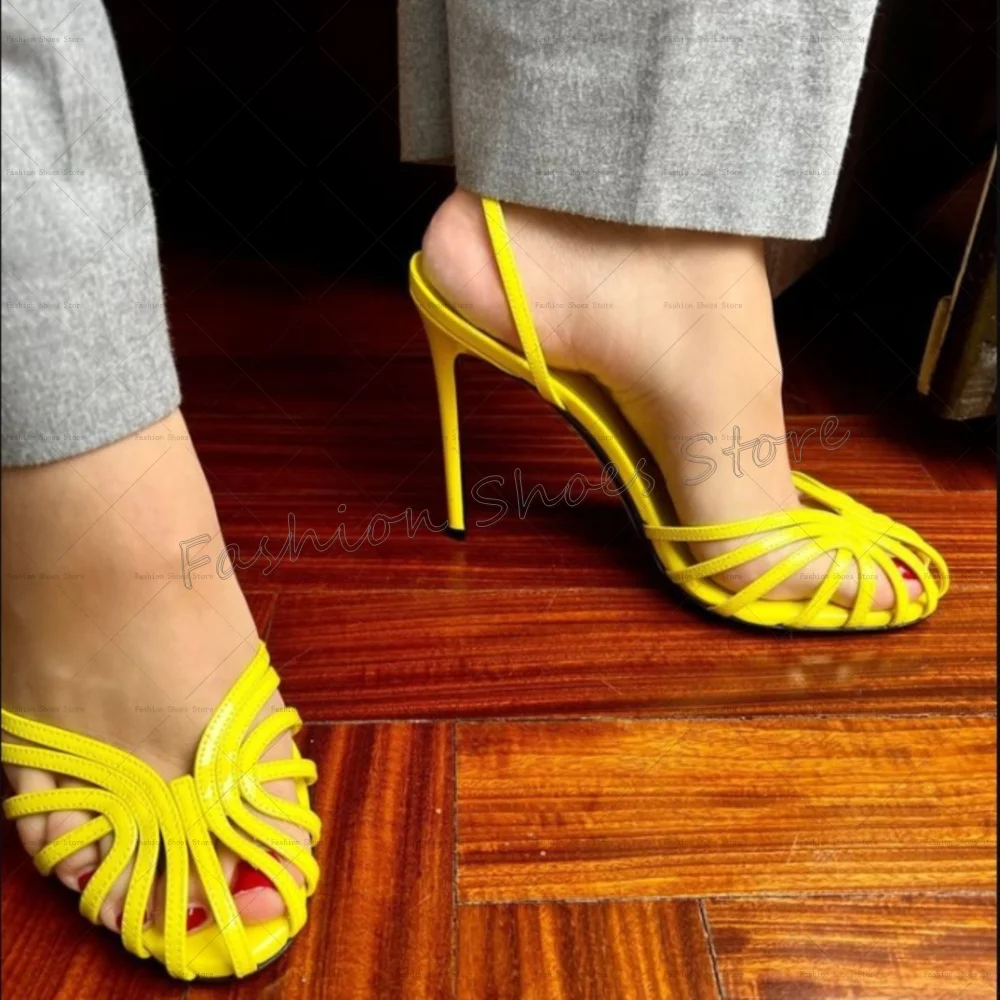 Yellow Hollow Out Tip Binding Sandals Buckle Strap Women Shoes Thin High Heels Party Banquet Dating 2025 Zapatos Para Mujere